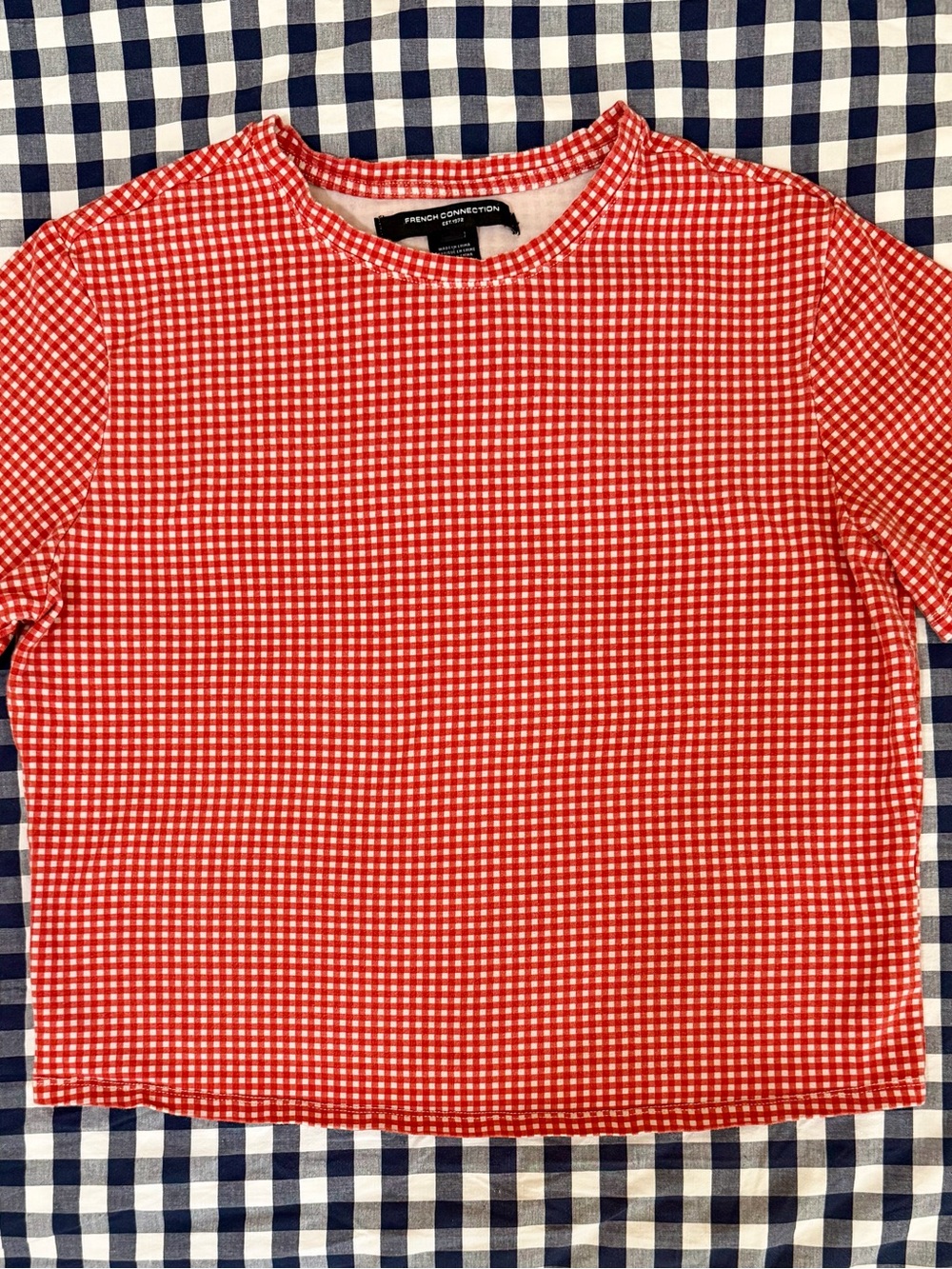 French Connection Red & White Gingham Short Sleeve Cropped Tee